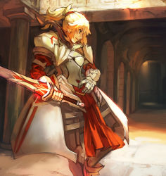 Rule 34 | 1girl, armor, bad id, bad pixiv id, blonde hair, boots, breastplate, clarent (fate), fate/apocrypha, fate/grand order, fate (series), gauntlets, gp, holding, holding weapon, indoors, looking to the side, mordred (fate), mordred (fate/apocrypha), ponytail, solo, standing, sword, weapon