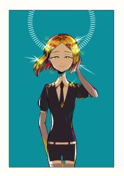 Rule 34 | 1other, absurdres, androgynous, blonde hair, blue background, elbow gloves, gem uniform (houseki no kuni), gloves, hand in own hair, highres, houseki no kuni, lonom, looking at viewer, necktie, short hair, smile, solo, sparkle, thighhighs, yellow diamond (houseki no kuni), yellow eyes