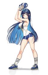Rule 34 | 1girl, absurdres, bare shoulders, baseball glove, blue eyes, blue hair, breasts, earrings, highres, hololive, hololive english, jewelry, large breasts, long hair, looking at viewer, ouro kronii, shoes, short shorts, shorts, sideboob, sleeveless, sneakers, solo, tenchi mayo, turtleneck, very long hair, virtual youtuber