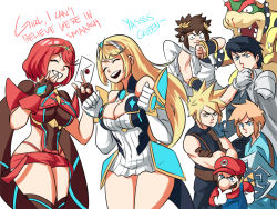 Rule 34 | 2girls, 6+boys, angel wings, black hair, blonde hair, bowser, breasts, brown hair, chrom (fire emblem), cleavage, cloud strife, crossover, english text, facial hair, final fantasy, fire emblem, hat, highres, kid icarus, link, mario, mario (series), mario kart, multiple boys, multiple girls, mustache, mythra (xenoblade), nintendo, overalls, pit (kid icarus), pyra (xenoblade), red hair, skirt, smash invitation, super smash bros., the legend of zelda, the legend of zelda: breath of the wild, tina fate, white background, wings, xenoblade chronicles (series), xenoblade chronicles 2