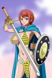 Rule 34 | 1girl, armor, breasts, closed mouth, female focus, gladiator, large breasts, long hair, nel-zel formula, one piece, pink hair, rebecca (one piece), shield, smile, source request, swimsuit, sword, weapon