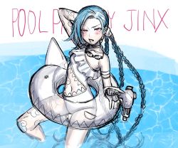 Rule 34 | 1girl, afloat, arm tattoo, arm up, blue hair, blush, braid, collarbone, frilled swimsuit, frills, highres, holding, holding water gun, innertube, jinx (league of legends), league of legends, leg tattoo, long hair, lower teeth only, navel, open mouth, partially submerged, pink eyes, sketch, solo, swim ring, swimsuit, tattoo, teeth, transparent, twintails, very long hair, wading, water, water gun, wosashimi
