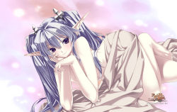 Rule 34 | 10s, 1girl, 2010, agarest senki, agarest senki (series), barefoot, blanket, colored eyelashes, company name, copyright name, dutch angle, fyuria, fyuria (agarest senki), hair ornament, hairpin, head rest, highres, hirano katsuyuki, long hair, long pointy ears, lying, nude, official art, official wallpaper, on side, pale skin, pink background, pointy ears, purple eyes, silver hair, smile, solo, twintails, wallpaper