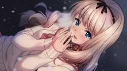 Rule 34 | 1girl, :d, asada hachi, black background, black hairband, blonde hair, blue eyes, blush, breasts, breath, brown scarf, commentary, dutch angle, fingernails, floating hair, gradient background, hairband, hands up, happy, highres, kusugawa sasara, large breasts, long hair, long sleeves, looking at viewer, open mouth, plaid, plaid scarf, red sailor collar, sailor collar, scarf, simple background, smile, snowing, solo, sweater, to heart (series), to heart 2, twitter username, upper body, watermark, white sweater