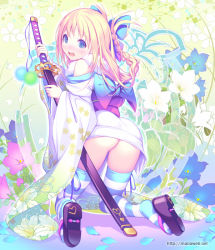 Rule 34 | 1girl, ass, bare shoulders, blonde hair, blue eyes, blush, bow, commentary request, floral print, flower, hair bow, japanese clothes, katana, kimono, long hair, long sleeves, looking at viewer, looking back, mana kakkowarai, no panties, obi, off shoulder, open mouth, original, sash, solo, striped clothes, striped thighhighs, sword, thighhighs, weapon, wide sleeves