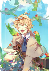 Rule 34 | 1boy, :d, animal, animal on shoulder, bag, belt, bird, bird on shoulder, black belt, blonde hair, blue necktie, blue sky, border, brown capelet, brown jacket, brown pants, capelet, clipboard, cloud, collared shirt, commentary, cowboy shot, day, english commentary, glasses, goggles, goggles on head, green eyes, hair between eyes, highres, holding, holding clipboard, holding pen, jacket, leaf, looking at animal, looking up, male focus, miffyandhisfriends, necktie, official alternate costume, open mouth, outside border, pants, parrot, pen, shinomiya natsuki (uta no prince-sama), shirt, short hair, shoulder bag, sky, smile, teeth, union jack, upper body, upper teeth only, uta no prince-sama, uta no prince-sama: shining live, white border, white shirt