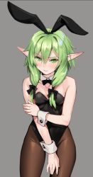 Rule 34 | 1girl, alternate costume, animal ears, bare arms, bare shoulders, black bow, black bowtie, black leotard, blush, bow, bowtie, breasts, brown pantyhose, cowboy shot, detached collar, elf, fake animal ears, female focus, frown, goblin slayer!, green eyes, green hair, grey background, hair bow, hair ornament, high elf archer (goblin slayer!), highres, leotard, long hair, looking at viewer, matching hair/eyes, pantyhose, playboy bunny, pointy ears, rabbit ears, sidelocks, siino, simple background, small breasts, solo, standing, thigh gap, wrist cuffs