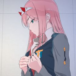 Rule 34 | 10s, 1girl, akagi (fmttps), alternate costume, bad id, bad pixiv id, blunt bangs, blush, breasts, cleavage, closed mouth, darling in the franxx, from side, half-closed eyes, horns, military, military uniform, pink hair, undressing, uniform, upper body, zero two (darling in the franxx)