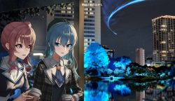 Rule 34 | 2girls, anemachi, blue hair, blush, city lights, cityscape, comet, eye contact, highres, hololive, hoshimachi suisei, hoshimachi suisei (1st costume), looking at another, multiple girls, night, night sky, pink hair, siblings, sisters, sky, star (symbol), star in eye, symbol in eye, virtual youtuber, yedeul