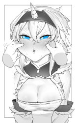 Rule 34 | 1girl, 1other, absurdres, anger vein, bandeau, blue eyes, blush, breasts, cheek pinching, cleavage, hairband, highres, horns, kirin (armor), large breasts, monster hunter (series), niwarhythm, pinching, pov, pov hands, single horn, spot color, sweat