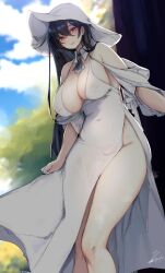 Rule 34 | 1girl, black hair, blurry, blurry background, blush, breasts, curvy, dress, hat, highres, large breasts, long hair, looking at viewer, original, outdoors, red eyes, rib:y(uhki), signature, smile, solo, thick thighs, thighs, white dress