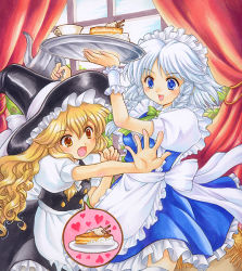 Rule 34 | 2girls, apron, bad id, bad pixiv id, blonde hair, blue eyes, bow, braid, cake, cup, fang, female focus, food, hairband, hat, indoors, izayoi sakuya, kirisame marisa, maid, maid apron, multiple girls, pastry, pemoko, silver hair, thighhighs, touhou, twin braids, witch, witch hat, yellow eyes