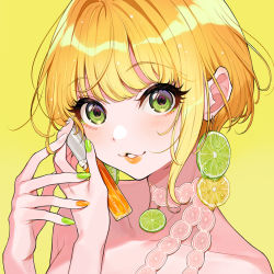 Rule 34 | 1girl, bare shoulders, blonde hair, collarbone, commentary request, earrings, food, fruit, green eyes, green nails, highres, holding, holding weapon, idolmaster, idolmaster cinderella girls, jewelry, lemon, lemon slice, lime (fruit), lime slice, looking at viewer, miyamoto frederica, nail polish, orange nails, parted lips, portrait, short hair, sidelocks, simple background, smile, solo, weapon, yellow background, yellow theme, yuu (higashi no penguin)