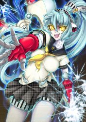 Rule 34 | 1girl, android, aqua hair, atlus, axe, battle axe, blue hair, dark persona, fang, glowing, glowing eyes, headphones, highres, houndstooth, joints, labrys (persona), long hair, miton (caramel choco), persona, persona 4, persona 4: the ultimate in mayonaka arena, pleated skirt, ponytail, robot joints, skirt, solo, unmoving pattern, weapon, yellow eyes