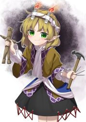 Rule 34 | 1girl, blonde hair, blush, brown shirt, candle, closed mouth, commentary, doll, fire, green eyes, hammer, highres, holding, holding doll, holding hammer, holding nail, keiki8296, long hair, long sleeves, looking at viewer, mizuhashi parsee, nail, pointy ears, scarf, shirt, smile, solo, straw doll, touhou, white scarf