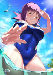 Rule 34 | 1girl, absurdres, alternate breast size, ass, blue one-piece swimsuit, blue sky, breasts, cameltoe, creatures (company), game freak, gen 3 pokemon, gs ball, highres, huge ass, jewelry, kareha p, large breasts, lips, looking at viewer, necklace, nintendo, ocean, one-piece swimsuit, one eye closed, philena ivy, poke ball, pokemon, pokemon (anime), pokemon (classic anime), purple eyes, purple hair, shiny clothes, shiny skin, skindentation, sky, smile, sunlight, swimsuit, water, wet, wide hips, wingull