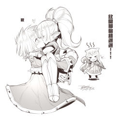 Rule 34 | &gt; &lt;, 1boy, 2girls, animal ears, blush, carrying, chinese text, ejami, closed eyes, greyscale, heart, hug, jealous, kiss, league of legends, long hair, lulu (league of legends), monochrome, multiple girls, pointy ears, poppy (league of legends), princess carry, signature, spikes, staff, surprised, tears, translation request, twintails, veigar, yordle