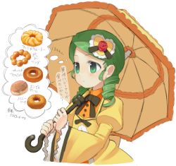 Rule 34 | 00s, 1girl, black bow, bow, doughnut, drill hair, food, green eyes, green hair, heart, juliet sleeves, kanaria, long sleeves, matching hair/eyes, mister donut, mitsuji mitsuyoshi, old-fashioned doughnut, parasol, puffy long sleeves, puffy sleeves, rozen maiden, simple background, solo, text focus, thought bubble, translated, twin drills, umbrella, white background