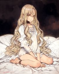 Rule 34 | 1girl, absurdres, ankle ribbon, barefoot, bed sheet, between legs, blonde hair, choker, commentary, dated, dress, english commentary, flat chest, full body, hand between legs, highres, leg ribbon, long hair, nightgown, ooyari ashito, original, parted lips, pillow, ribbon, signature, sitting, solo, v arms, very long hair, wariza, wavy hair, white dress, yellow eyes