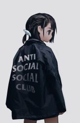 Rule 34 | 1girl, absurdres, asymmetrical hair, black eyes, black hair, black jacket, clothes writing, english text, expressionless, female focus, from behind, grey background, hair ornament, hairclip, highres, jacket, one side up, original, sleeves past wrists, solo, standing, tokiya