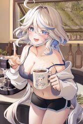 Rule 34 | 1girl, :d, absurdres, ahoge, bare shoulders, black shorts, blue eyes, blue hair, blush, bottle, breasts, cleavage, coffee, coffee cup, coffee maker, collarbone, commentary, contemporary, cowlick, cup, dasha, disposable cup, drop-shaped pupils, furina (genshin impact), genshin impact, heterochromia, highres, indoors, light blue hair, long hair, looking at viewer, mask, medium breasts, midriff, mismatched pupils, mouth mask, multicolored hair, navel, open mouth, ponytail, shorts, smile, solo, stomach, strap slip, symbol-shaped pupils, thighs, twintails, underwear, v, white hair