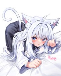 Rule 34 | 1girl, absurdres, all fours, animal ear fluff, animal ear piercing, animal ears, antenna hair, auroraescientia, belt, black nails, black skirt, blue eyes, blush, breasts, cat ears, cat girl, cat tail, frilled skirt, frilled sleeves, frills, hair intakes, highres, long hair, medium breasts, open mouth, original, paw pose, pleated skirt, shirt, skirt, solo, spiked ear piercing, tail, thighhighs, underbust, very long hair, white hair, white shirt, white thighhighs
