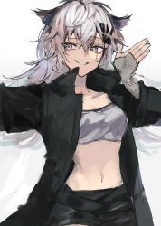 Rule 34 | 1girl, animal ears, arknights, black coat, black shorts, coat, fingerless gloves, gloves, grey eyes, grey gloves, grey hair, highres, lappland (arknights), long hair, long sleeves, looking to the side, mokuro3m, navel, open clothes, open coat, scar, scar across eye, shorts, simple background, solo, stomach, strapless, tube top, white background, wolf ears, wolf girl