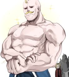Rule 34 | alphonse elric, bara, blonde hair, commentary request, edward elric, facial hair, fujitachobi, fullmetal alchemist, highres, large pectorals, male focus, mature male, mechanical arms, muscular, muscular male, mustache, no shirt, pectorals, ponytail, shiny skin, single mechanical arm, star (symbol), topless male, white background