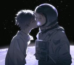 Rule 34 | 2boys, adam&#039;s apple, astronaut, backlighting, black hair, collared shirt, earth (planet), face-to-face, facing another, forced perspective, from side, grey hair, helmet, highres, ikari shinji, imminent kiss, looking at another, male focus, multiple boys, nagisa kaworu, neon genesis evangelion, on moon, parted lips, planet, profile, school uniform, shirt, short hair, space helmet, spacesuit, star (sky), upper body, white shirt, yaoi, yexuan825