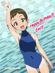 Rule 34 | 1girl, armpits, blue one-piece swimsuit, blush, breasts, brown eyes, brown hair, cameltoe, covered navel, dated, girls und panzer, happy birthday, highres, kojima emi, looking at viewer, naotosi, one-piece swimsuit, open mouth, short hair, signature, small breasts, smile, solo, swimsuit, tan, tanline