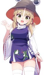 Rule 34 | 1girl, absurdres, animal print, blonde hair, blush, breasts, brown hat, darumoon, frog print, hat, highres, looking at viewer, medium breasts, moriya suwako, multicolored clothes, multicolored hat, open mouth, orange hat, simple background, skindentation, solo, thighhighs, thighs, touhou, white background, yellow eyes, zettai ryouiki