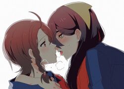 2girls after_kiss black_hair blue_jacket blush braid breath brown_hair carmine_(pokemon) commentary_request creatures_(company) eye_contact game_freak hairband hyaku_ae_mon jacket juliana_(pokemon) long_hair looking_at_another medium_hair mole mole_under_eye multiple_girls nintendo off_shoulder pokemon pokemon_sv red_eyes saliva saliva_trail side_braid simple_background sweat tongue tongue_out white_background yellow_eyes yellow_hairband yuri