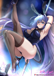 Rule 34 | 1girl, absurdly long hair, animal ears, arm behind head, armpits, artist name, ass, azur lane, black hair, breasts, brown thighhighs, fake animal ears, full body, high heels, highres, large breasts, leg up, lens flare, leotard, long hair, looking at viewer, new jersey (azur lane), new jersey (exhilarating steps!) (azur lane), official alternate costume, oversized breast cup, patreon username, playboy bunny, pole, pole dancing, presenting armpit, purple eyes, purple footwear, purple leotard, rabbit ears, shoes, smile, solo, stiletto heels, strapless, strapless leotard, stripper pole, teeth, thighhighs, very long hair, vilde loh hocen