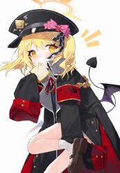 Rule 34 | 1girl, absurdres, adjusting footwear, armband, black coat, blonde hair, blue archive, blush, bow, bread, brown footwear, child, coat, commentary, demon girl, demon tail, demon wings, food, food in mouth, foot up, halo, hat, hat bow, hat ornament, heart, heart hat ornament, highres, ibuki (blue archive), long sleeves, looking at viewer, mary janes, measho, military hat, mouth hold, neck ribbon, notice lines, peaked cap, pink bow, red armband, red ribbon, ribbon, shoes, short hair, simple background, sleeves past fingers, sleeves past wrists, socks, solo, tail, white background, white socks, wings, yellow eyes, yellow halo