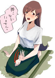 Rule 34 | 1girl, absurdres, bad id, bad pixiv id, belt, blouse, brown eyes, brown hair, green skirt, highres, jewelry, kantai collection, lap pillow invitation, long hair, long skirt, looking at viewer, ooi (kancolle), patting lap, ring, seiza, shirt, simple background, sitting, skirt, solo, tatami, translation request, uminoso5, wedding band, white background, white shirt