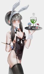 Rule 34 | 1girl, absurdres, alcohol, animal ears, arm behind back, ass, asymmetrical breasts, ayanami rei, black hair, black leotard, black thighhighs, blunt bangs, blush, breasts, brown eyes, cleavage, cup, detached collar, drinking glass, fake animal ears, fumo (doll), garter straps, groin, hello kitty, hello kitty (character), highres, holding, holding tray, ice, ice cube, lace, lace-trimmed legwear, lace trim, leotard, medium breasts, moonchii, neck ribbon, playboy bunny, poison, rabbit ears, rei chikita, ribbon, sanrio, short hair with long locks, sidelocks, simple background, skindentation, skull, smile, solo, spy x family, standing, strapless, strapless leotard, thighhighs, tray, waitress, white background, wine glass, wrist cuffs, yor briar