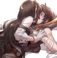 Rule 34 | 10s, 1boy, 1girl, aki663, arm grab, assertive female, ayer, bandages, bandage on face, bandaged arm, bare shoulders, black hair, blush, brother and sister, ear blush, closed eyes, girl on top, gloves, goggles, goggles on head, granblue fantasy, hetero, hidden face, hood, incest, jessica (granblue fantasy), kiss, long hair, lying, on back, purple eyes, shadow, shirt, short hair, siblings, simple background, sweat, white background, white gloves, white shirt