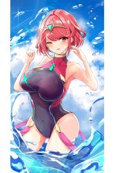 Rule 34 | 1girl, absurdres, black one-piece swimsuit, breasts, chest jewel, competition swimsuit, headpiece, highres, karuushi, large breasts, one-piece swimsuit, pyra (pro swimmer) (xenoblade), pyra (xenoblade), red eyes, red hair, red one-piece swimsuit, ribbed swimsuit, short hair, solo, strapless, strapless one-piece swimsuit, swept bangs, swimsuit, tiara, two-tone swimsuit, xenoblade chronicles (series), xenoblade chronicles 2