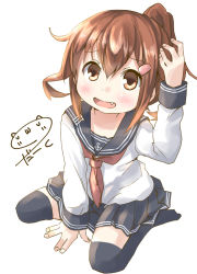 Rule 34 | 10s, 1girl, alternate hairstyle, black thighhighs, blush, brown eyes, brown hair, darkside, fang, hair ornament, hairclip, high ponytail, ikazuchi (kancolle), kantai collection, looking at viewer, neckerchief, open mouth, ponytail, school uniform, serafuku, short hair, sitting, sitting on water, skirt, smile, solo, thighhighs