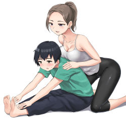 Rule 34 | 1boy, 1girl, :o, age difference, assisted stretching, bare shoulders, barefoot, black hair, black leggings, black pants, blush, breast press, breasts, breasts on another&#039;s back, brown hair, camisole, child, cleavage, collarbone, crotch seam, exercising, green shirt, hands on another&#039;s shoulders, hashi, leggings, long hair, looking at another, medium breasts, original, pants, ponytail, purple eyes, shirt, smile, stretching, sweat, t-shirt, yellow eyes