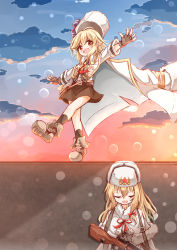 Rule 34 | 2girls, :d, absurdres, blonde hair, blue sky, blush, bolt action, boots, brown footwear, brown gloves, brown legwear, capelet, closed eyes, cloud, commentary request, dress shirt, facing viewer, fingerless gloves, fur-trimmed capelet, fur hat, fur trim, girls&#039; frontline, gloves, gun, hair between eyes, hat, highres, jacket, long hair, looking at viewer, matsuo (matuonoie), mosin-nagant (girls&#039; frontline), multiple girls, nagant revolver (girls&#039; frontline), open mouth, outdoors, outstretched arms, red eyes, shirt, sky, smile, socks, spread arms, standing, standing on one leg, sunset, weapon, white capelet, white headwear, white jacket, white shirt