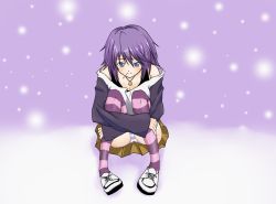 Rule 34 | 00s, blue eyes, blush, candy, food, jewelry, lollipop, necklace, panties, pantyshot, purple hair, rosario+vampire, ryokucha, shirayuki mizore, shoes, short hair, sitting, smile, snow, solo, squatting, striped clothes, striped thighhighs, thighhighs, underwear