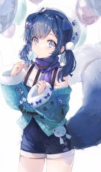 Rule 34 | 1girl, aiba uiha, animal ears, balloon, blue eyes, blue hair, blue shorts, bow, candy, closed mouth, collar, cowboy shot, dog ears, dog tags, dog tail, ears down, food, frown, green sweater, hair bow, hair ornament, hat, highres, lollipop, long hair, looking at viewer, low twintails, nekojita (ika neko46), nijisanji, off shoulder, scarf, shorts, solo, sweater, tail, twintails, virtual youtuber, x hair ornament