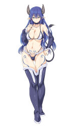 Rule 34 | &gt;:), 10s, 1girl, ass, bare shoulders, black panties, blue hair, blush, boots, breasts, cleavage, collarbone, demon girl, demon horns, demon tail, detached sleeves, full body, gluteal fold, green eyes, halterneck, halterneck, hand on own hip, heart, heart tattoo, highleg, highleg panties, highres, horns, kiyama satoshi, kono subarashii sekai ni shukufuku wo!, large breasts, long hair, looking at viewer, navel, panties, pointy ears, pubic tattoo, revealing clothes, sideboob, smile, solo, demon girl, tail, tattoo, thigh boots, thigh gap, thighhighs, underboob, underwear, v-shaped eyebrows, white background