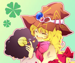 Rule 34 | 1girl, beryl benito, blonde hair, blush, bow, clover, creature, closed eyes, freckles, green background, hat, long hair, open mouth, ribbon, tales of (series), tales of hearts, wide sleeves, witch hat
