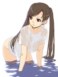 Rule 34 | 1girl, bottomless, brown eyes, brown hair, in water, ino (magloid), kousaka rino, long hair, naked shirt, otome function, parted lips, shirt, simple background, smile, solo, twintails, wading, wet, wet clothes, wet shirt