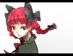 Rule 34 | 1girl, animal ears, bad id, bad pixiv id, bow, braid, cat ears, cat girl, extra ears, eyelashes, female focus, hair bow, kaenbyou rin, letterboxed, looking back, portrait, red eyes, red hair, short hair, simple background, sketch, sofy, solo, touhou, twin braids, twintails