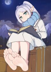 Rule 34 | 1girl, barefoot, blue scarf, book, closed mouth, commentary, english commentary, feet, foot focus, foreshortening, frieren, green eyes, highres, leaning forward, legs together, looking at viewer, moon, mountain, night, night sky, outdoors, pointy ears, scarf, short eyebrows, sitting, sky, smile, softhanten, soles, solo, sousou no frieren, toes, tree, twintails, white hair