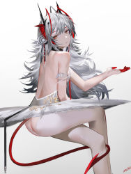 Rule 34 | 1girl, ahoge, alternate costume, alternate hair length, alternate hairstyle, antennae, arknights, artist name, ass, backless dress, backless outfit, crossed legs, demon girl, demon horns, demon tail, dress, feet out of frame, finger cots, from behind, grey hair, hand up, highres, horns, long hair, looking at viewer, looking back, mackia, open hand, simple background, solo, strapless, strapless dress, tail, thighs, tutu, w (arknights), white background, white dress, yellow eyes