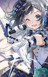 Rule 34 | 1girl, ;d, aiba uiha, aiba uiha (1st costume), black hair, blue eyes, buttons, double-breasted, feathers, gloves, highres, holding, holding microphone, idol, idol clothes, long hair, microphone, mole, mole under eye, nijisanji, one eye closed, open mouth, puffy short sleeves, puffy sleeves, short sleeves, shunka tunacan, smile, solo, virtual youtuber, white gloves
